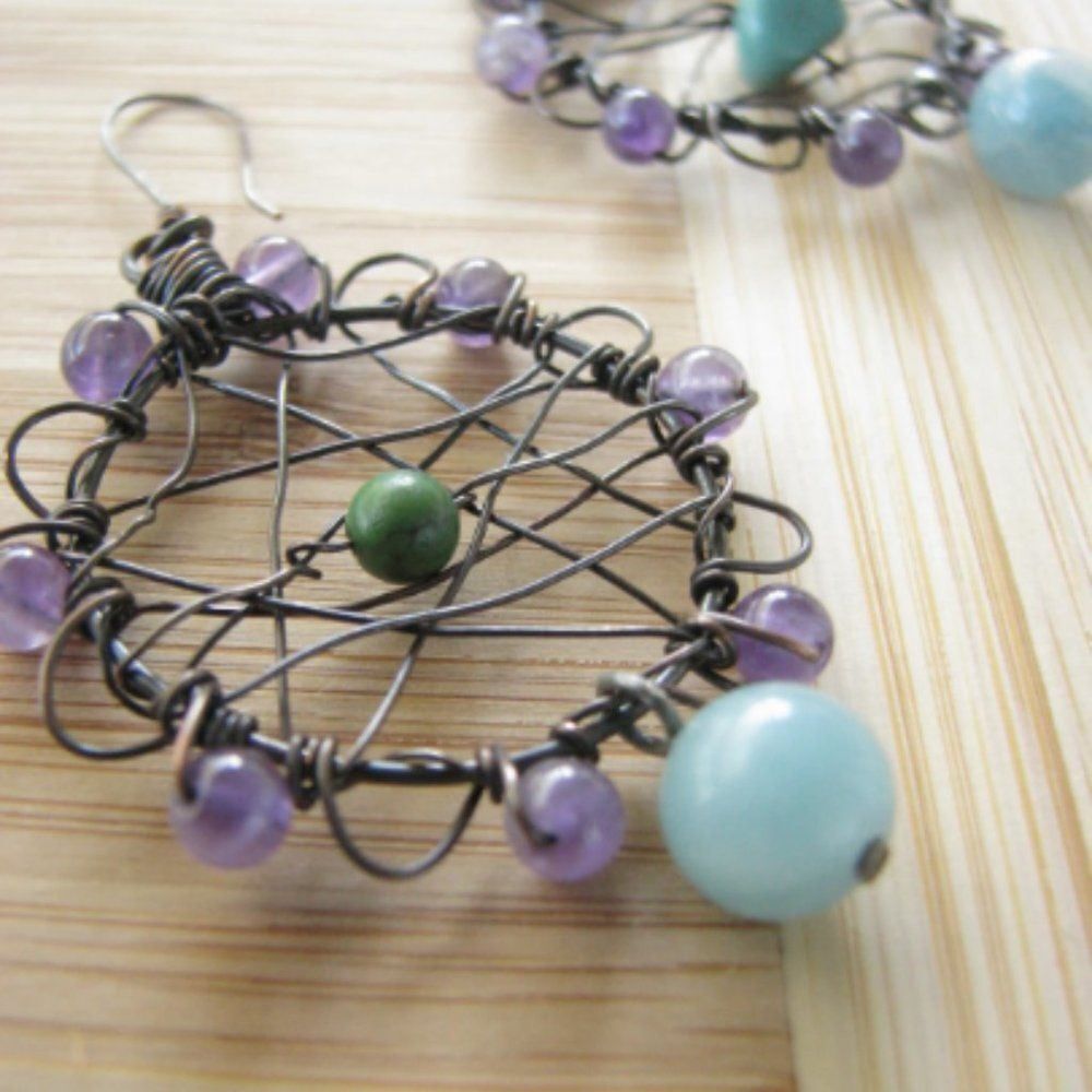 Handmade Boho Dream Catcher Earrings Amethyst Turquoise Amazonite - Picture 3 of 7
